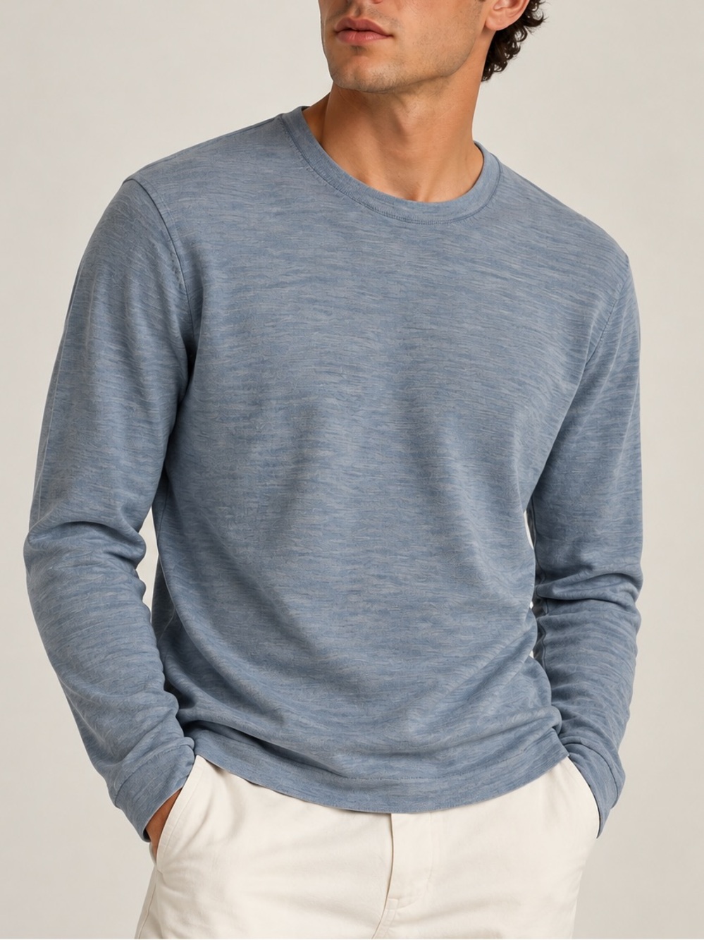 PATRICK ASSARAF EXTRAFINE MERINO WOOL CREWNECK HEATHER BLUE SWEATER MEN'S SMALL